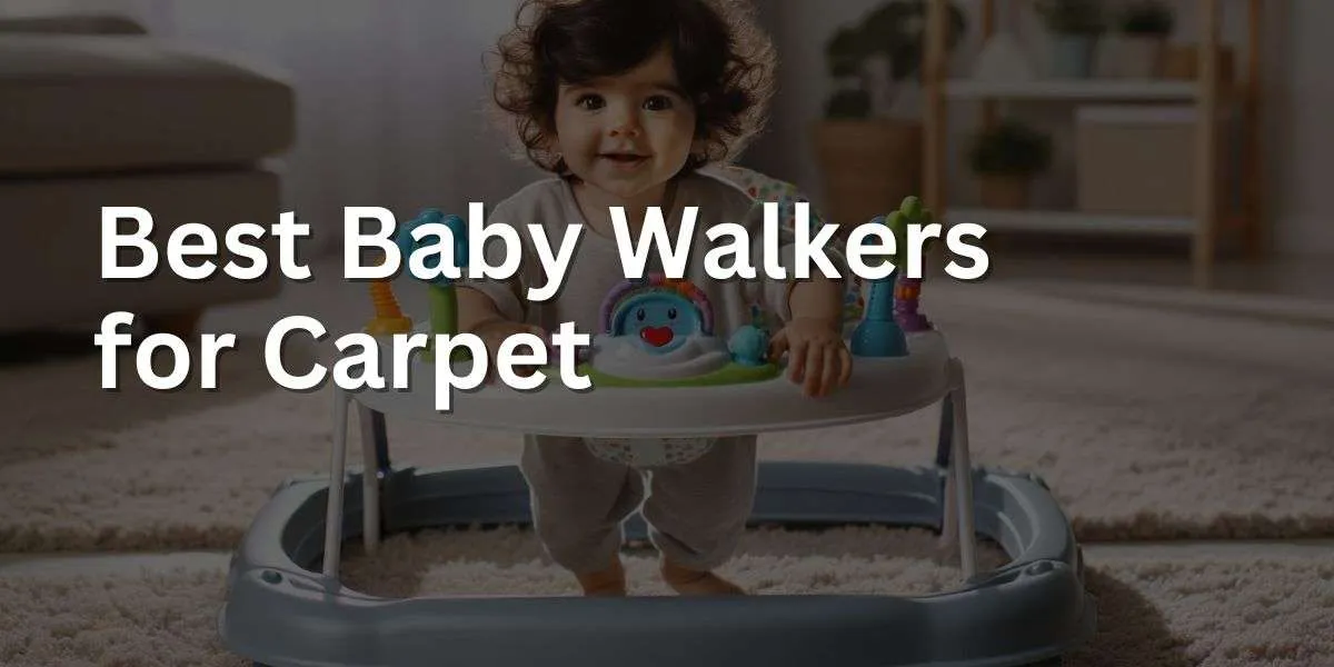 Photo of a baby with olive skin and dark curly hair, happily standing in a high-quality baby walker on a soft, shaggy carpet in a home environment. The walker has a sturdy base with wide wheels and a play panel with engaging activities, exemplifying a walker that performs well on carpeted surfaces.