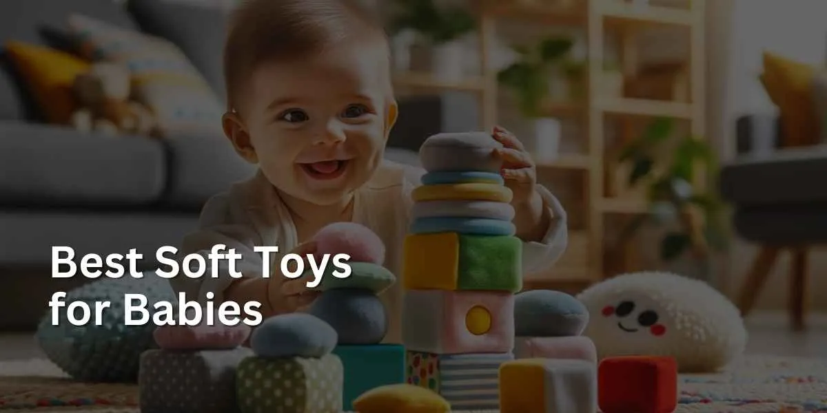 A baby smiling and engaged in playing with colorful, soft stacking blocks of various shapes and sizes, set in a child-friendly play area with a soft mat and a bright, inviting atmosphere. The blocks feature different textures and patterns.