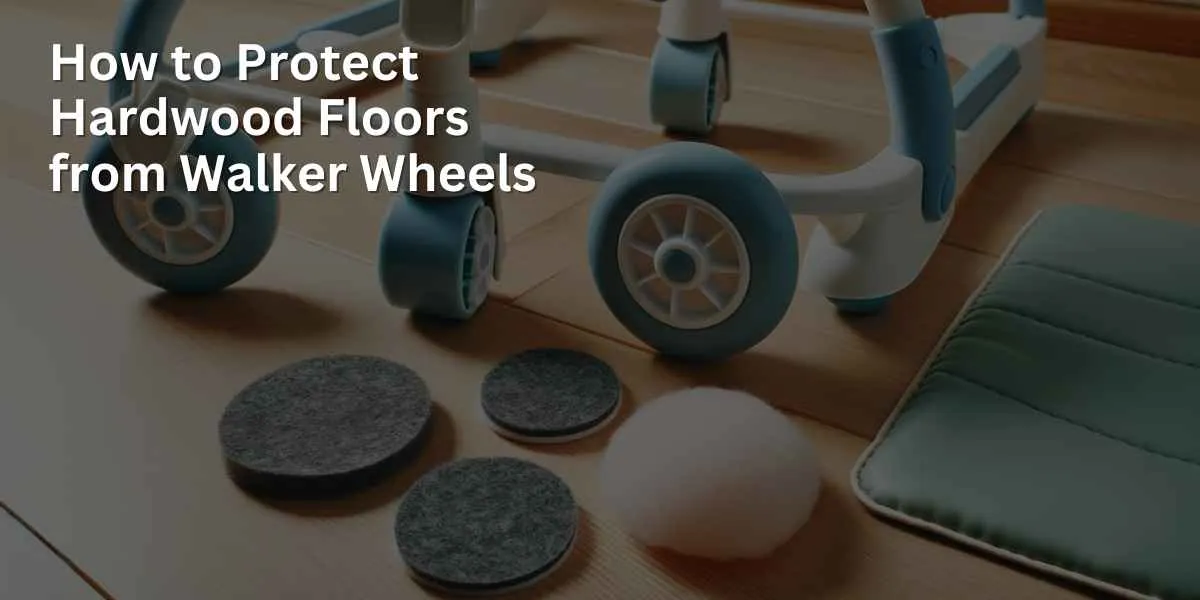 Protective coverings for baby walker wheels, designed to safeguard hardwood floors, are displayed. These include soft rubber caps and non-scratch felt pads, shown alongside a baby walker on a wooden floor, illustrating their practical use.