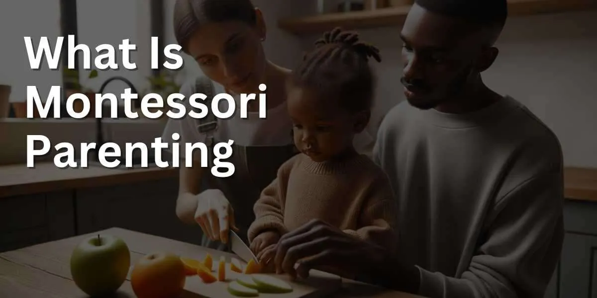 Photo of a diverse family practicing Montessori parenting in their kitchen. A parent with fair skin and short brown hair is observing their child with dark skin and braids, as they slice soft fruits with a child-safe knife. The environment is safe, calm, and fosters independence.