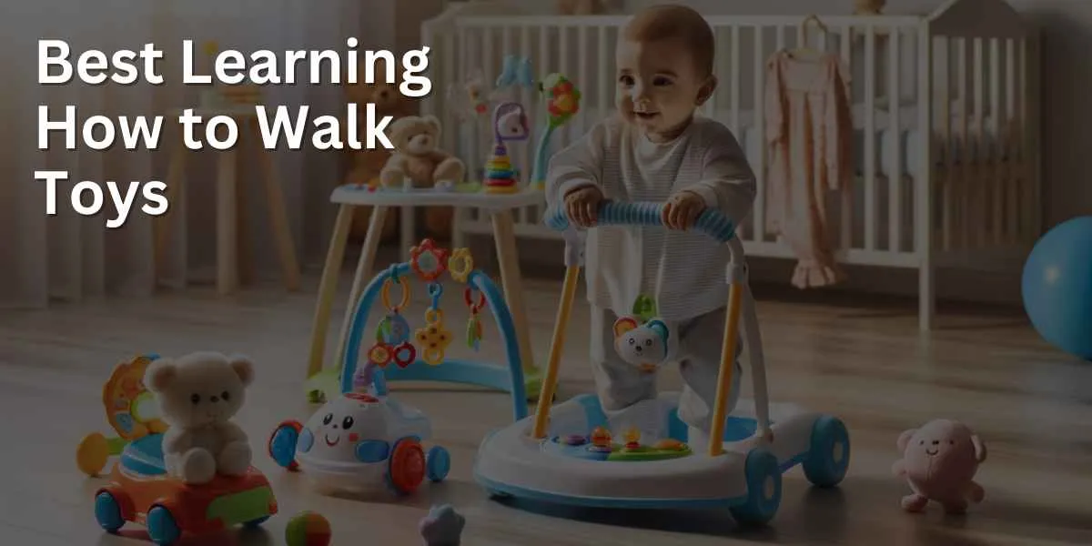 Toys designed to assist babies in learning how to walk are displayed in a baby-friendly room with soft colors. The selection includes push walkers, standing activity tables, and roll-along toys, all situated in a safe and nurturing environment.