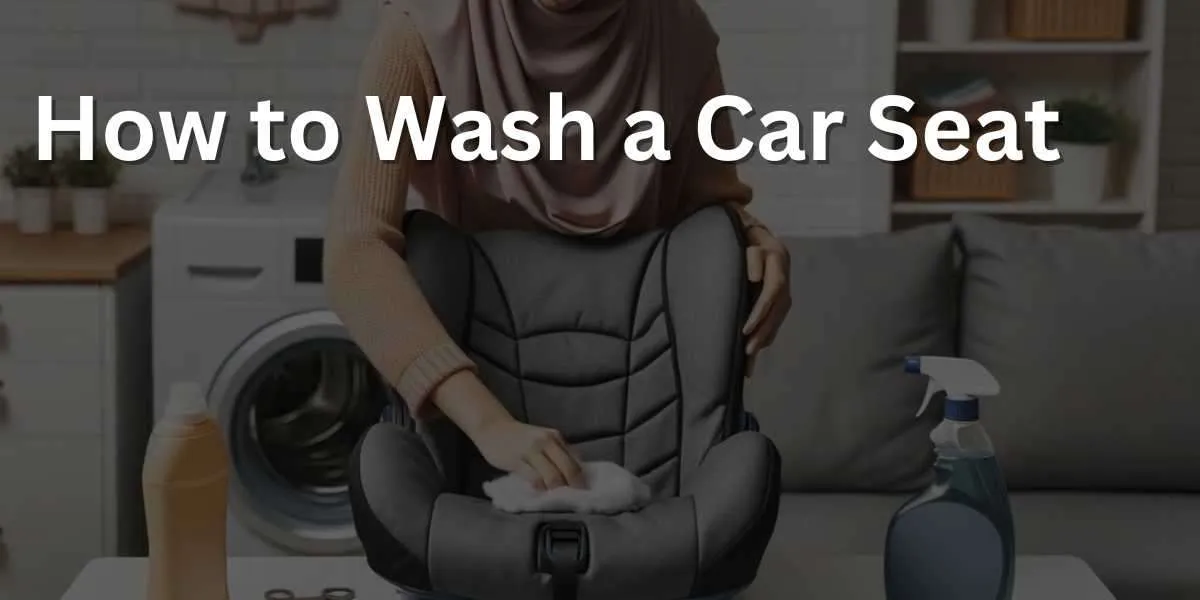 Photo of a well-organized laundry room where a parent, of Middle Eastern descent, is preparing to wash a car seat cover. The cover is laid out on a table, and nearby are a gentle detergent, a brush, and a set of instructions on how to wash it.
