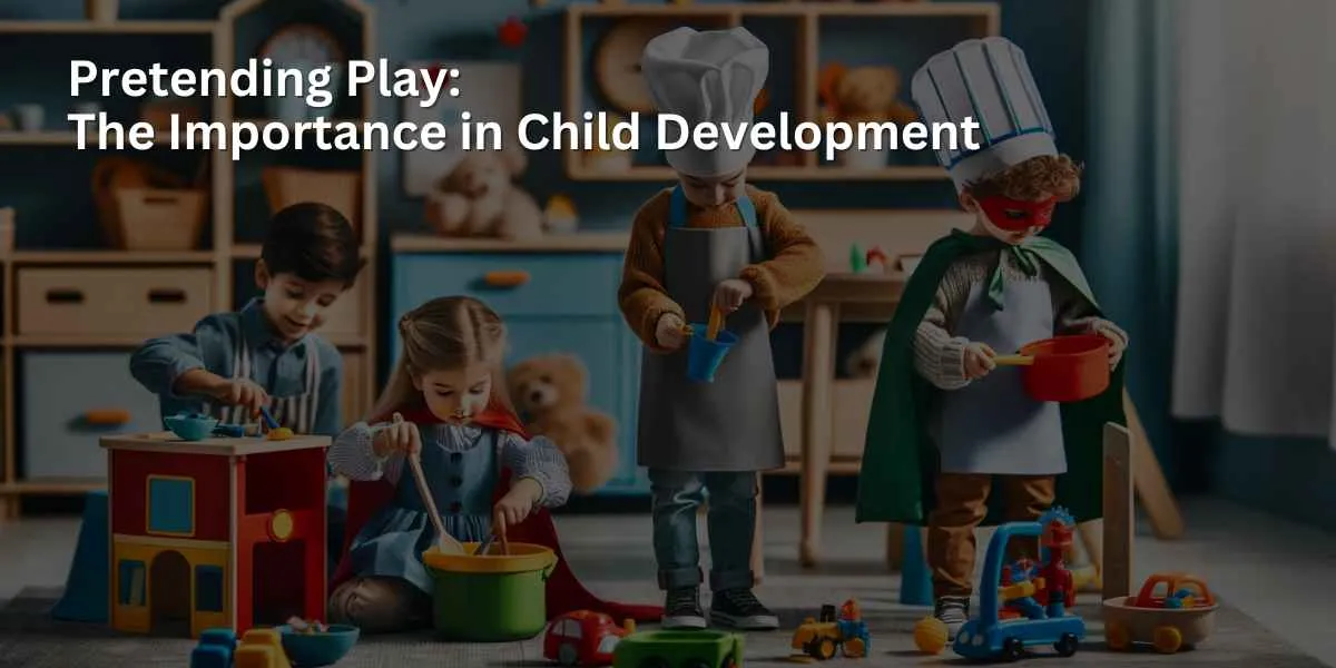 Four children engaged in vibrant pretend play in a colorful playroom, with one as a chef, another as a superhero, the third as a teacher, and the fourth as a construction worker, surrounded by various toys and costumes.