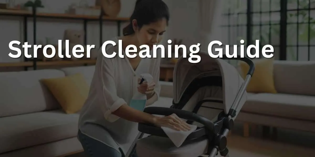 Photo of a spacious, well-lit room where a mother, of Hispanic descent, is meticulously cleaning a stroller. She's using a cloth and a spray bottle filled with a non-toxic cleaning solution, ensuring all parts of the stroller are spotless.
