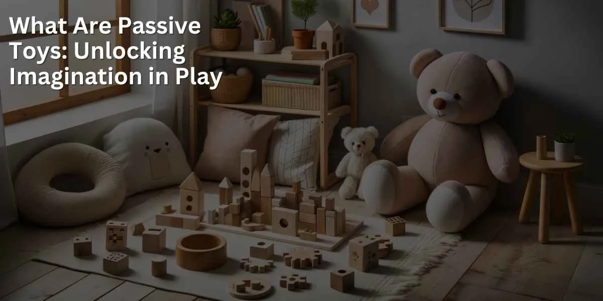 A collection of passive toys for children is displayed in a serene playroom setting. The assortment includes wooden blocks, simple puzzles, plush toys, and books, all arranged in a way that promotes a calm and peaceful atmosphere.