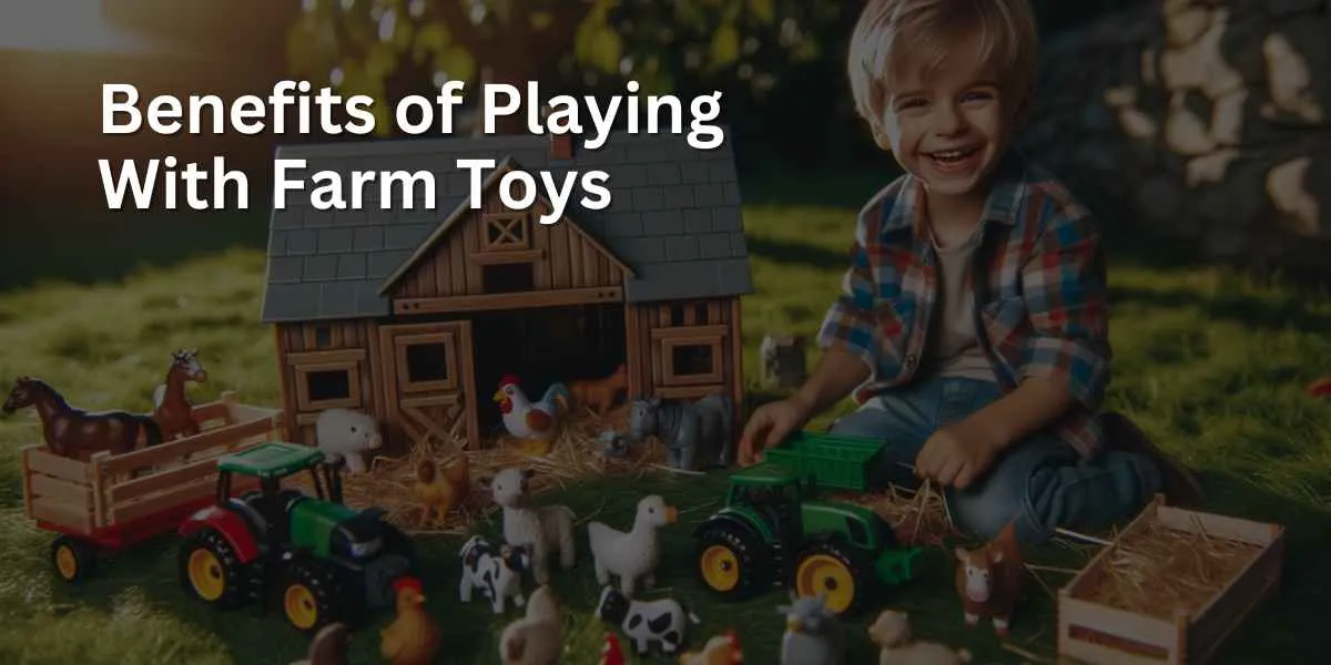 A happy child is playing with farm animal toys in a sunny outdoor setting. The play includes a toy barn, tractors, and various animal figures, showcasing the child's joy and imagination in the playful farm-themed environment.