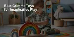 A child is joyfully playing with a wooden rainbow stacker toy. The child is arranging the colorful arches on a play mat, in a setting that is bright and tailored for children.