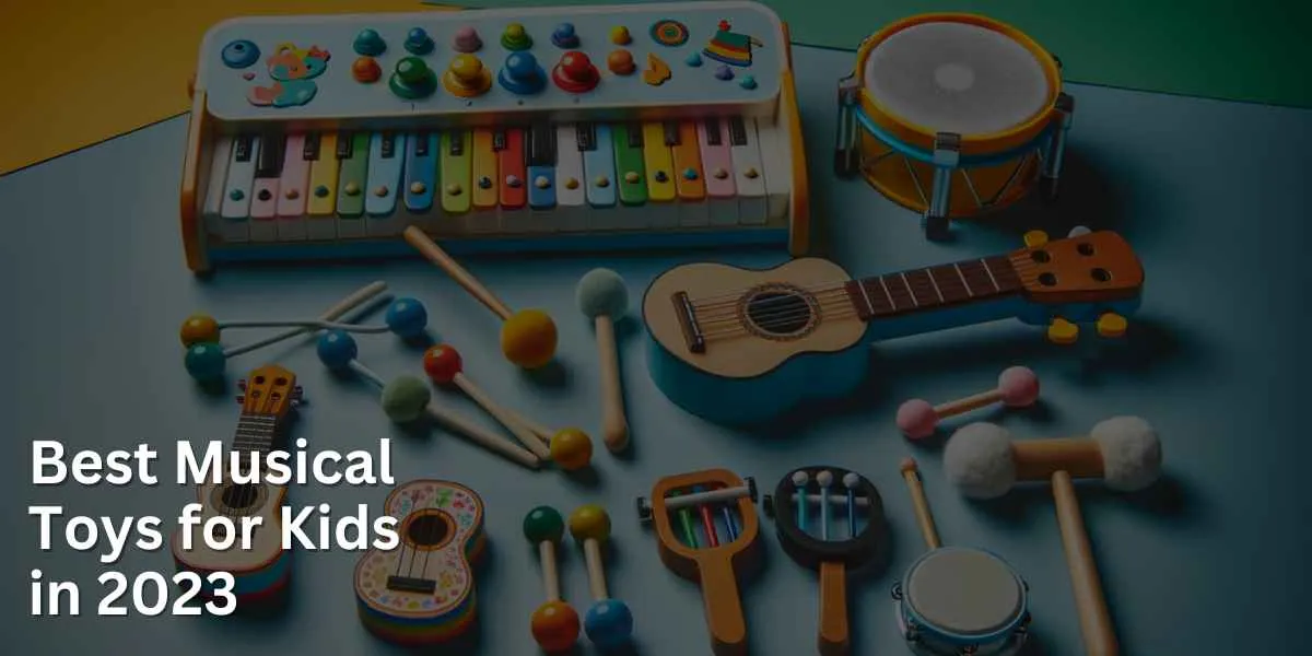 A variety of musical toys for kids are displayed, including a miniature keyboard, a brightly colored xylophone, a small guitar, tambourines, and drums. These instruments are arranged attractively against a backdrop that is playful and engaging.