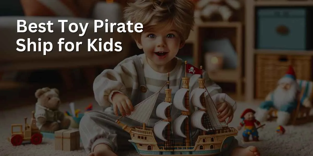 A toddler in playful clothes, smiling excitedly while holding a detailed pirate ship toy with miniature sails and flags in a warm, cozy living room with a soft carpet and scattered toys and books.
