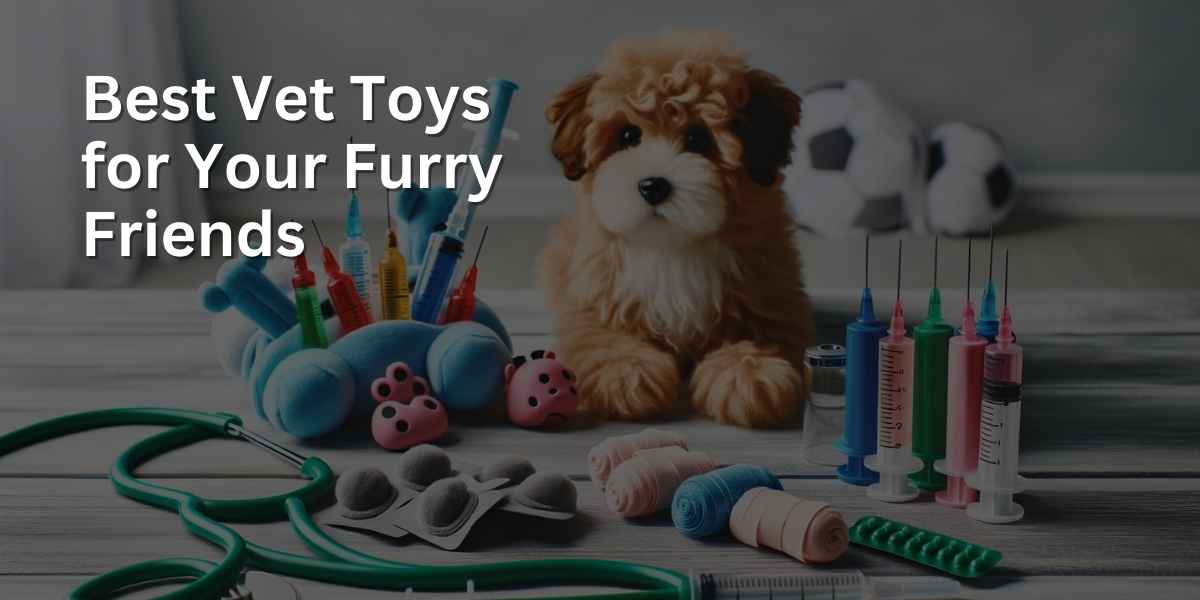 A set of vet toys for pets is displayed, including a stethoscope, toy syringes, and bandages. These toys are presented in a pet-friendly setting, ideal for pet owners who want to engage playfully and imaginatively with their pets.