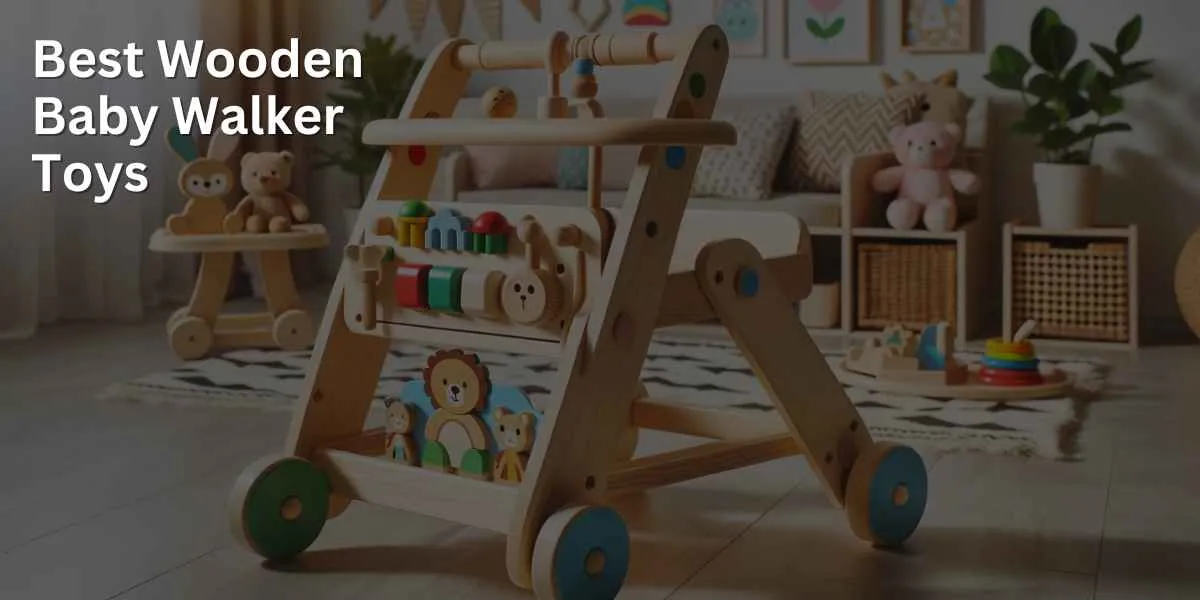 Various wooden baby walker toys are displayed in a child-friendly play area. The walkers feature colorful blocks, bead mazes, and attached play panels, offering a variety of engaging activities for young children.