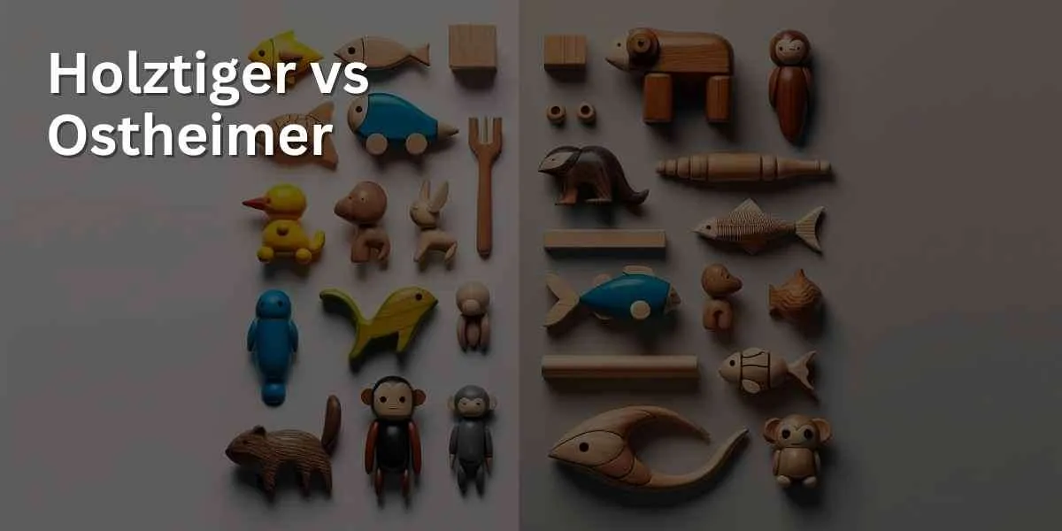 A comparison of two styles of wooden toys. On the left, brightly colored toys with simple shapes, including a monkey and a fish. On the right, toys with natural, muted colors and detailed shapes, featuring a squirrel and a parrot. The background is plain, highlighting the design differences.