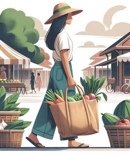 Illustration of a person, of Southeast Asian descent, carrying a jute bag filled with fresh produce from a local market. The scene emphasizes eco-friendliness and sustainable shopping habits.