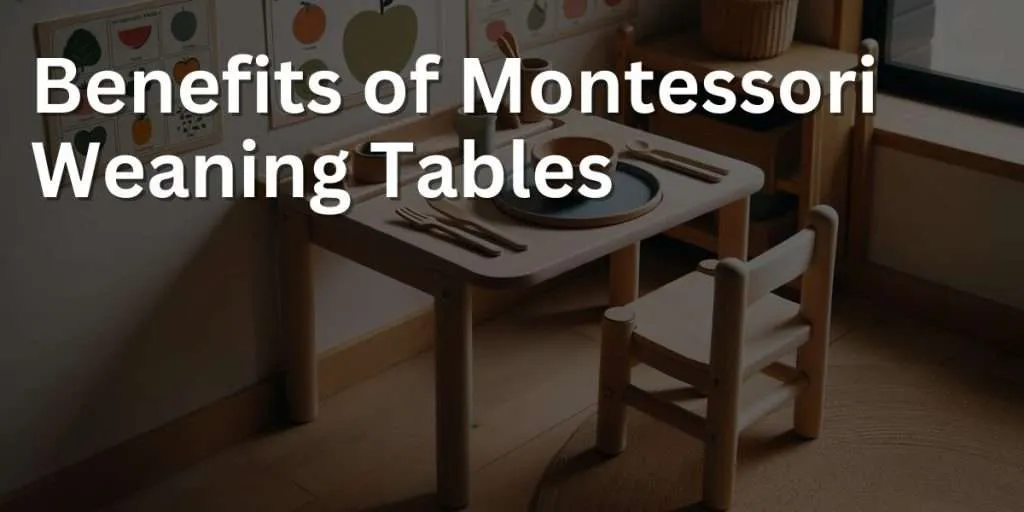 Photo of a Montessori weaning table set up in a well-lit dining area. The small, child-sized wooden table is accompanied by a sturdy chair. On the table, there's a ceramic plate, a small cup, and child-safe utensils. The setup encourages independence and self-feeding. The walls nearby have educational posters about healthy eating.