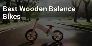 Photo of a wooden balance bike standing on a smooth asphalt road, with a backdrop of a sunny park filled with green trees and playful children. The bike's design is minimalist with a natural wood finish.