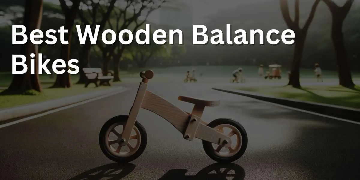 Photo of a wooden balance bike standing on a smooth asphalt road, with a backdrop of a sunny park filled with green trees and playful children. The bike's design is minimalist with a natural wood finish.