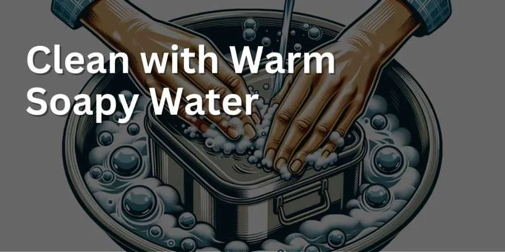 Illustration of a pair of hands, of Southeast Asian descent, cleaning a stainless steel lunch box in a basin of warm soapy water. Bubbles float around, and the emphasis is on the gentle swirling motion to lift off any food residues.