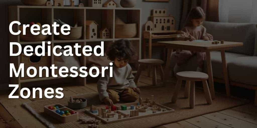 Photo of a cozy living room transformed into a Montessori-inspired space. There's a low wooden shelf with carefully selected toys and materials. A child with olive skin and curly hair is engaging with a wooden puzzle on a floor mat. Nearby, there's a small table and chair set where another child with fair skin and straight hair is drawing.
