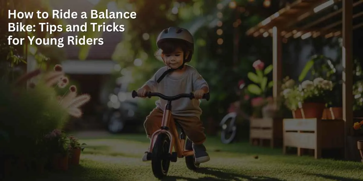 A child is enjoying a ride on a balance bike in a sunny outdoor environment. The setting includes green grass and flowers. The child is dressed in casual clothes and is wearing a safety helmet for protection.