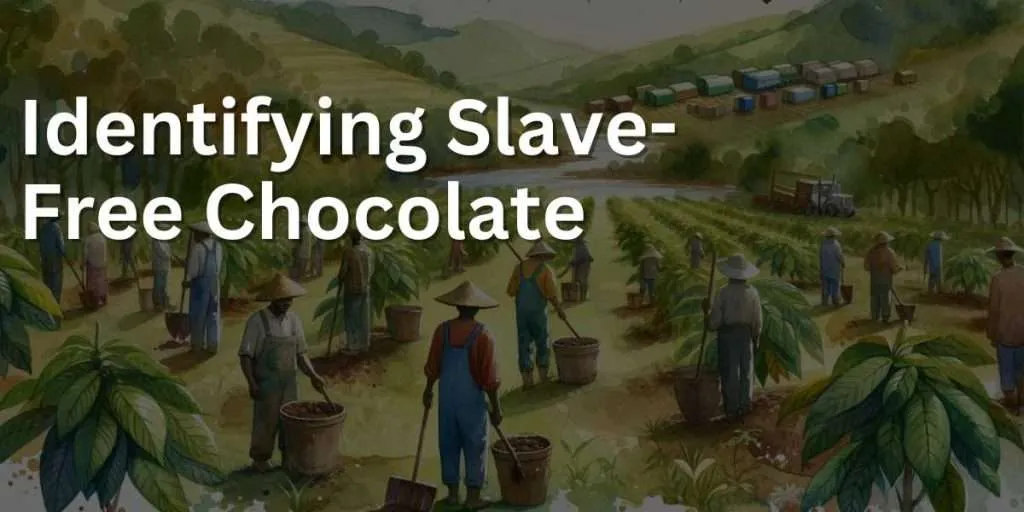 Watercolor painting of a serene cocoa plantation with workers, of diverse descents, engaged in eco-friendly farming practices. Surrounding them are symbols of recycling, earth, and green energy, emphasizing the eco-friendly nature of the chocolate production.