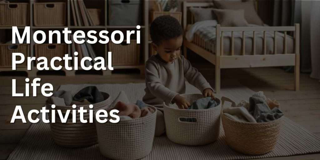 Photo of a Montessori-inspired bedroom with neutral colors. There's a floor bed, a bookshelf with easily accessible books, and sensory baskets. A child with dark skin and short hair is calmly exploring a basket filled with different textured fabrics.
