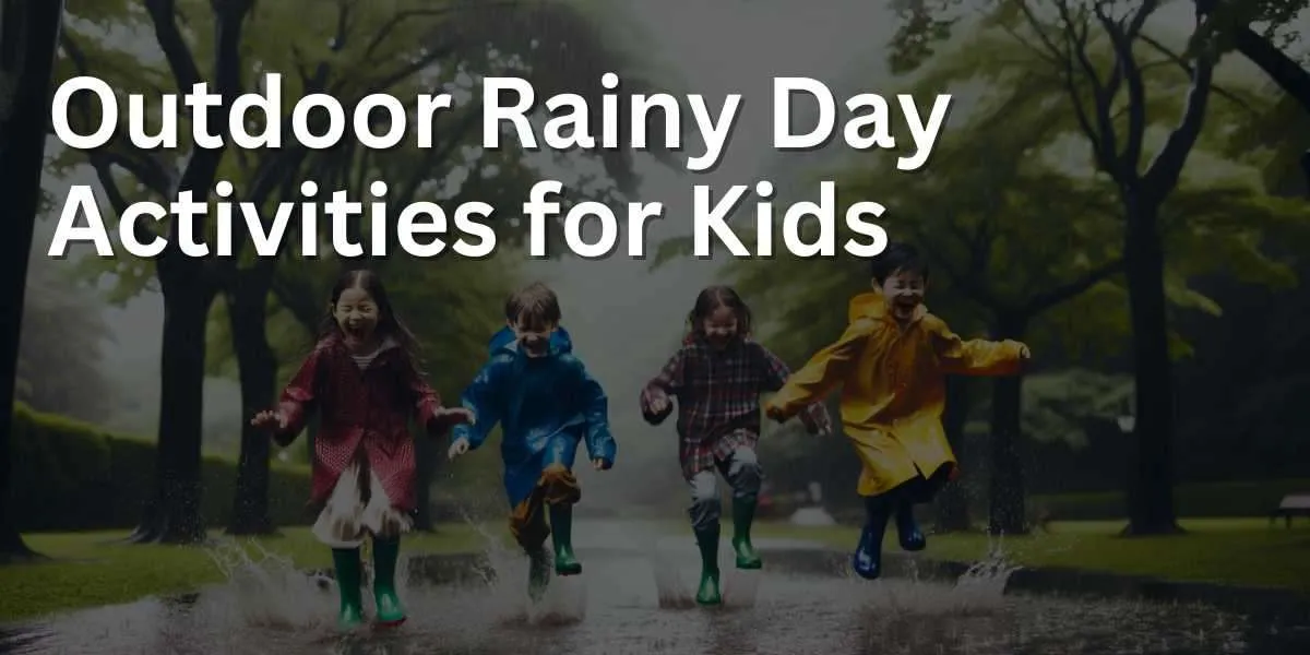 Photo of joyful children wearing raincoats and boots, jumping into large puddles in a park. Trees and wet grass surround them, and raindrops create ripples in the water. Their laughter and splashes capture the essence of puddle jumping fun.