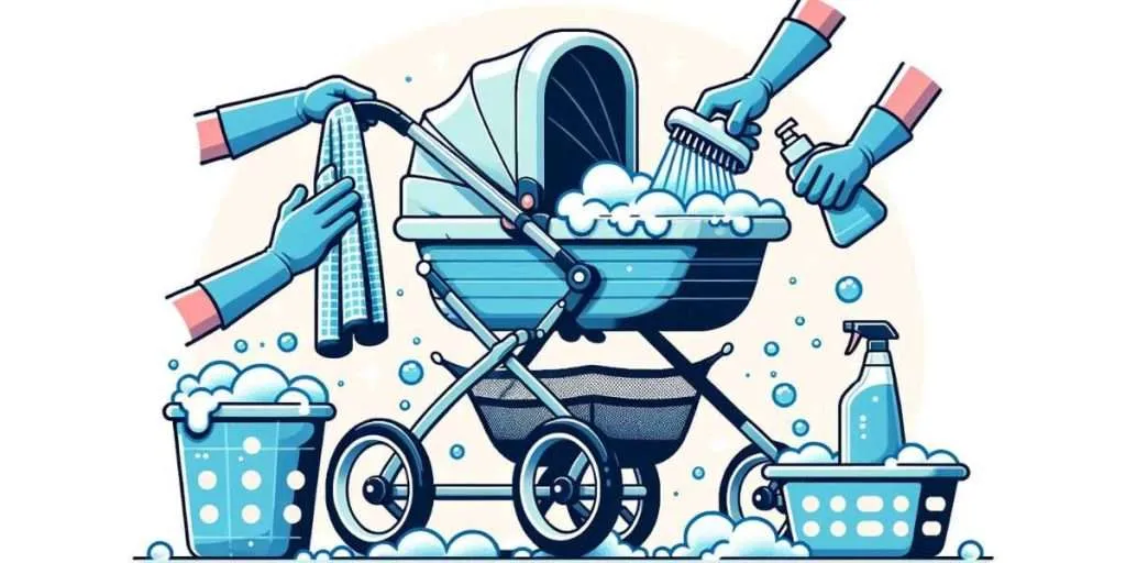 Illustration of a stroller being taken apart piece by piece. Each section, like the canopy, seat, and basket, is being washed separately in soapy water, showcasing the detailed process of stroller cleaning.