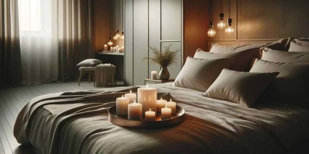 Photo of a modern bedroom with minimalist design. A cluster of candles on a tray rests on the bed, illuminating the room with a gentle and romantic light, complementing the soft hues of the walls and bedding.