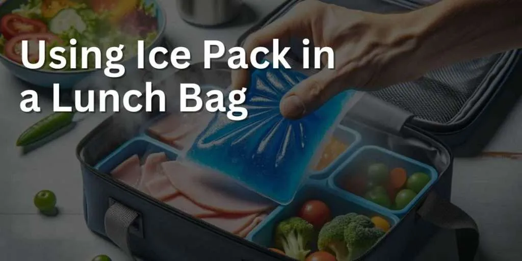 Photo of an open lunch bag where a person, of European descent, is placing a blue gel ice pack on top of their meal containers. The cool mist around the ice pack emphasizes its cold temperature and effectiveness.