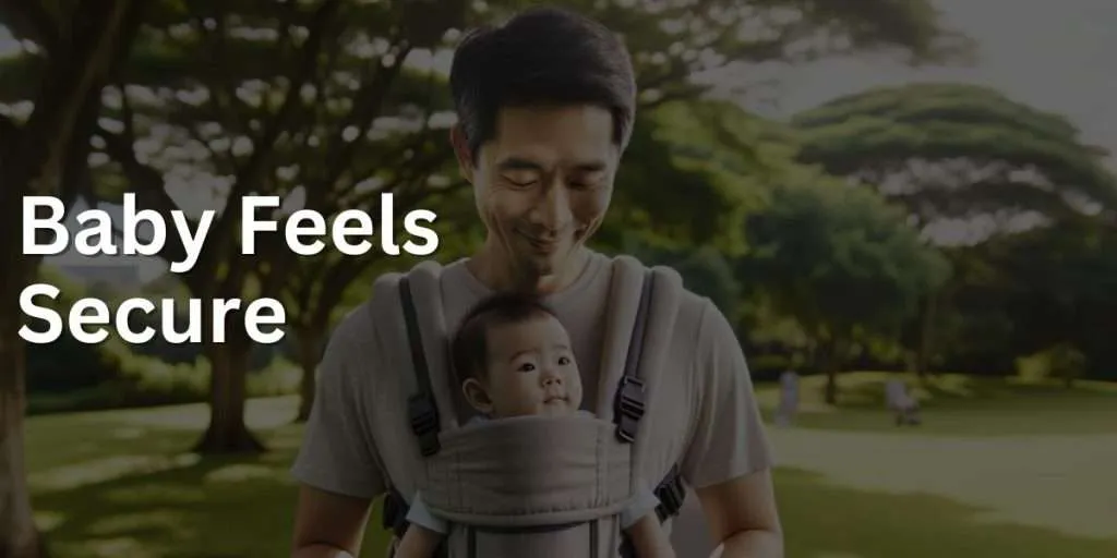 A middle-aged Asian man walking in a park, carrying a baby in a baby carrier. The baby, about 6 months old, is looking up at him with a happy expression. They are surrounded by lush green trees and a clear blue sky, creating a serene atmosphere. The man appears relaxed and content, highlighting the bonding and convenience of babywearing.