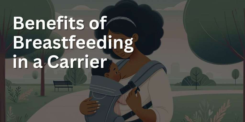 An image depicting a mother of African descent breastfeeding her baby in a carrier, outdoors. She stands in a serene park, smiling gently at her baby who is partly visible in the ergonomic carrier. The background features trees, a walking path, and a gentle sky, creating a peaceful and calming atmosphere.