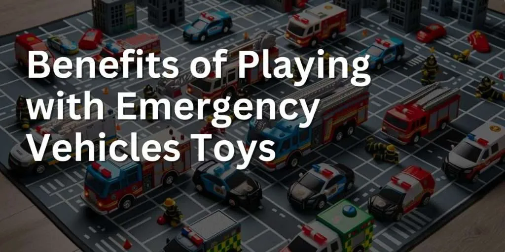 Photograph of a collection of toy emergency vehicles arranged on a play mat designed to look like a city grid. The assortment includes a fire engine, police car, and ambulance, all with accurate, colorful detailing. Each toy vehicle is positioned as if responding to an emergency, with plastic figurines of first responders and emergency equipment scattered around to add to the realism of the scene.