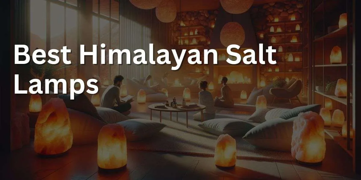 a cozy, warmly lit room with multiple Himalayan salt lamps placed around, casting a soothing orange-pink glow that bathes the space in a warm, welcoming light. The room features comfortable seating areas with soft cushions and blankets, promoting a relaxed ambiance. There are people in the room, each engaged in activities that suggest contentment and tranquility, such as reading, meditating, or quietly conversing.