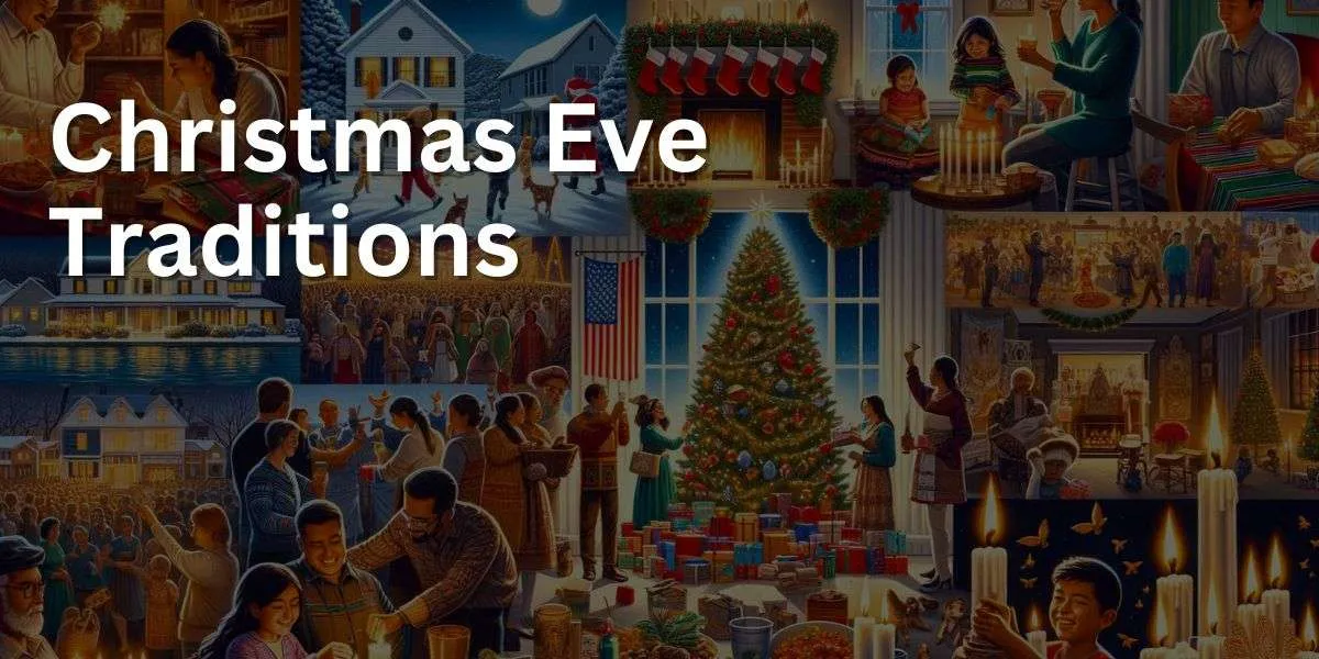 The image is a collage showcasing diverse Christmas Eve traditions around the world. It includes scenes like a family decorating a Christmas tree, children hanging stockings by the fireplace, people at a midnight church service, and a group of Hispanic individuals preparing traditional holiday foods. Another scene shows a South Asian family opening Christmas Eve boxes and singing carols by candlelight. The montage background illustrates various homes and cultural settings, celebrating the global diversity of Christmas Eve customs.