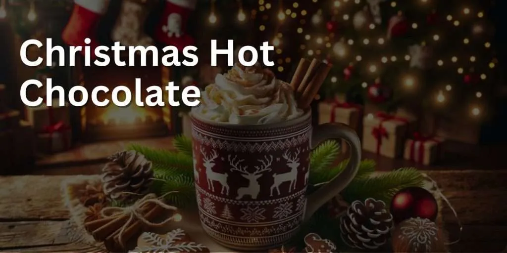 A steaming mug of Christmas hot chocolate topped with whipped cream and cinnamon is placed on a wooden table. The festive mug is decorated with snowflake and reindeer patterns. Surrounding the mug are Christmas decorations including pine cones, a string of lights, and gingerbread cookies. In the background, a warm fireplace with hung stockings and a twinkling Christmas tree create a cozy and festive holiday atmosphere in a softly lit living room.