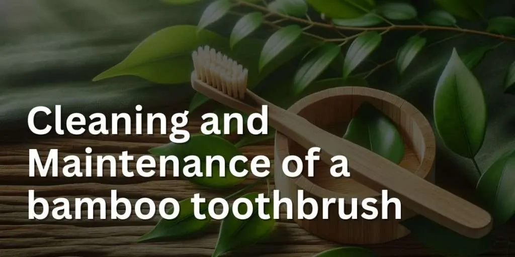 A bamboo toothbrush resting on a natural wooden surface with green leaves in the background, symbolizing eco-friendliness, in a bright, clean photography style