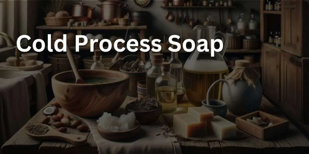 image depicting the cold process soap making in a rustic kitchen setting. In the foreground, there's a wooden table with a bowl of oils like olive, coconut, and palm, alongside a jug of lye solution. The oils are in the process of being mixed, with a wooden spoon stirring the contents, indicating the beginning of the saponification process. 