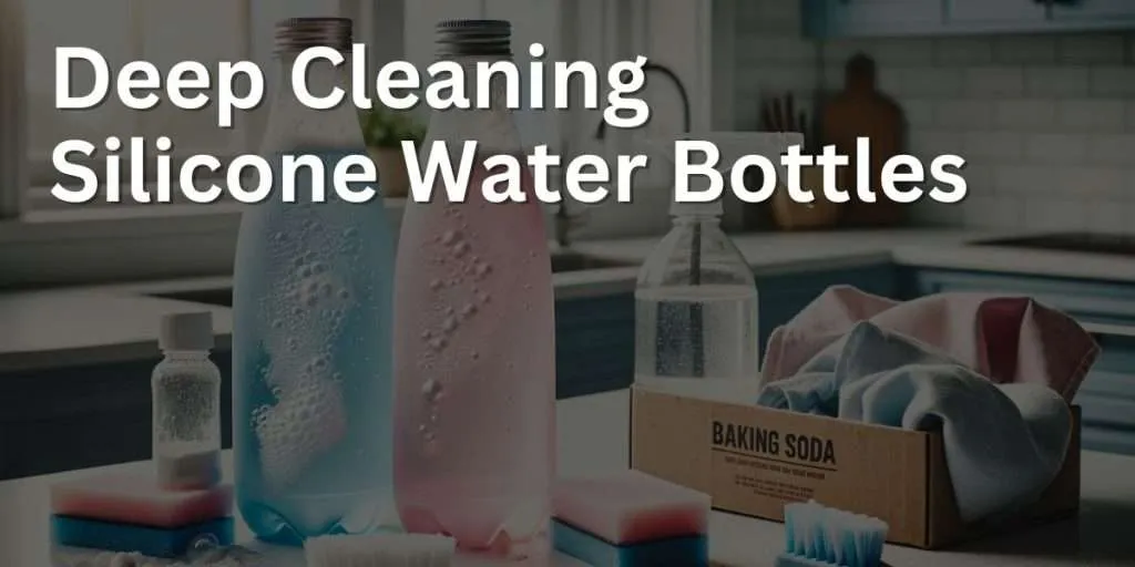 In a clean, well-lit kitchen, two silicone water bottles are being deep cleaned on a white countertop. One bottle is pink and the other is blue, both open and filled with a bubbling mixture of baking soda and vinegar, showcasing the deep cleaning process. A box of baking soda and a bottle of white vinegar are prominently displayed in the foreground, with their contents partially used. There are scrub brushes with baking soda residue and a cloth nearby, indicating active cleaning. The background features a bright window pouring natural light onto the scene.