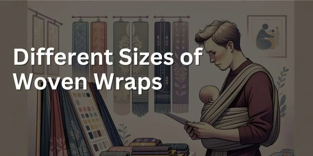 A parent with short blonde hair examines a variety of woven wraps in different lengths and colors, displayed in front of them. A size chart is visible in the background in a baby store or nursery room setting, emphasizing the process of selecting the right wrap size.
