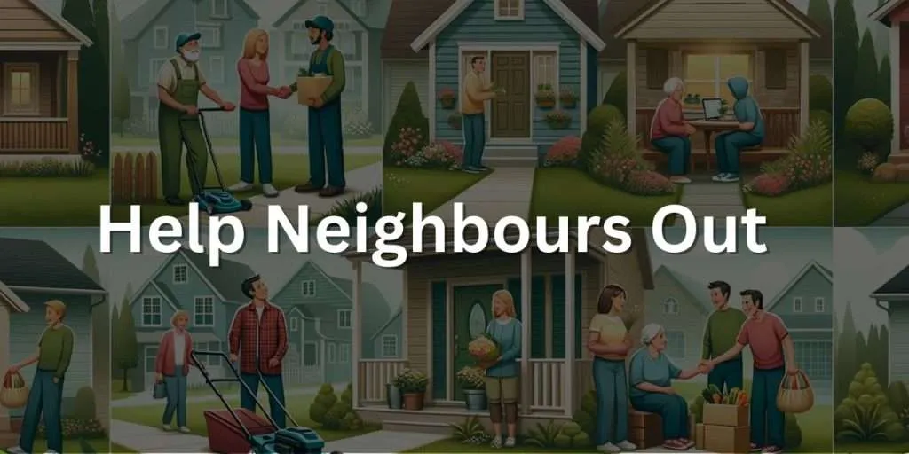 The image depicts a series of heartwarming scenes of helping a neighbor in a suburban neighborhood. It shows a person mowing an elderly neighbor's lawn, someone delivering groceries to a neighbor's doorstep, a group of neighbors cleaning a front yard together, and a young person assisting an older neighbor with technology. The neighborhood is picturesque, with well-kept houses and gardens, 