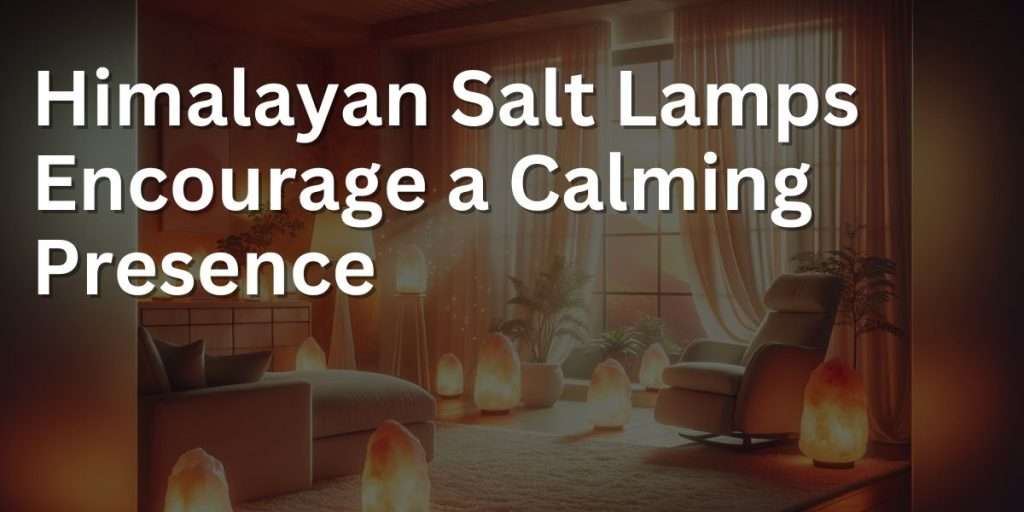 image of a softly lit room that radiates tranquility, enhanced by the presence of Himalayan salt lamps placed throughout. These lamps emit a gentle orange-pink light, casting a warm, calming aura. The room is designed for relaxation, with comfortable seating, such as a deep, cushioned sofa and a recliner, all oriented towards a central area where a larger salt lamp serves as a peaceful focal point. Light, airy curtains move slightly in a gentle breeze from an open window, adding to the serene atmosphere. Plants placed around the room contribute to the sense of a natural, soothing presence, and the overall effect is one of a sanctuary where calmness is encouraged.