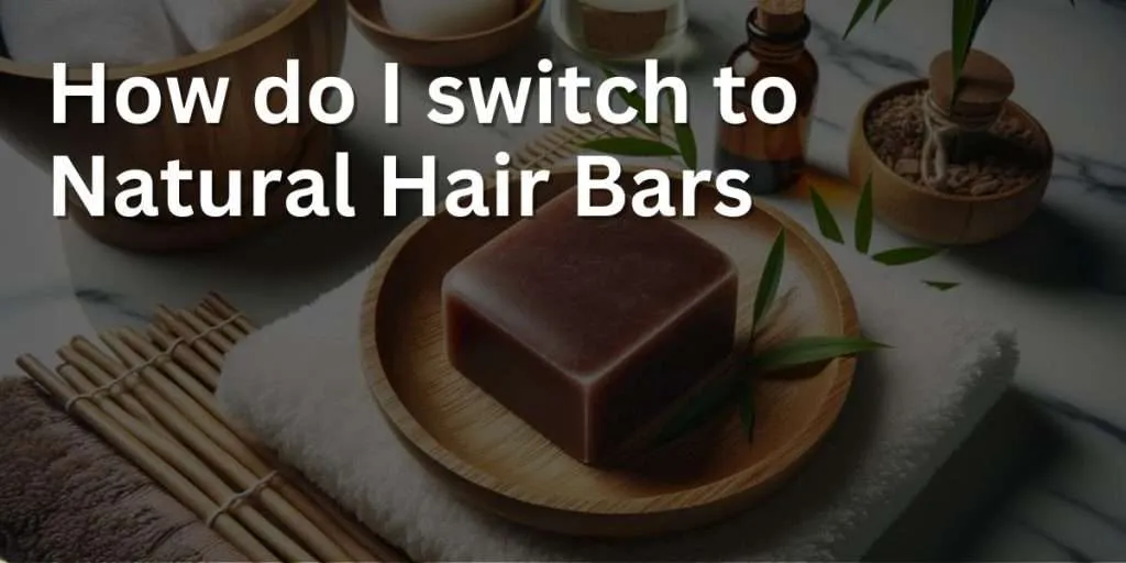 Wide-angle photograph of a shampoo bar on a minimalist wooden soap dish, placed on a marble bathroom counter. The shampoo bar has a rich texture and a vibrant color that suggests its natural ingredients. A small bamboo plant, a fluffy white towel, and a glass container of essential oils are arranged beside it, contributing to an eco-friendly, sustainable vibe in the bathroom setting.