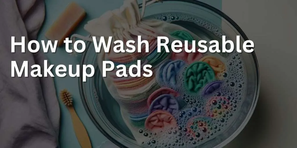 Image of a mesh laundry bag filled with colorful reusable makeup pads, submerged in soapy water inside a clear basin. The water has bubbles, and the mesh bag is partially open, showing the pads inside. This image depicts the process of washing the pads, emphasizing an eco-friendly and sustainable beauty routine. There is a small wooden brush and a bar of gentle soap on the side, further illustrating the cleaning process.