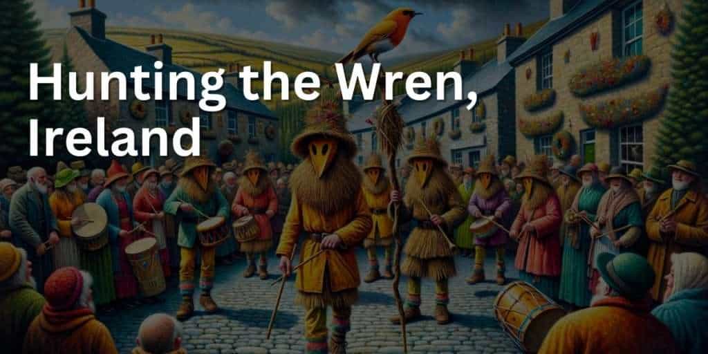 The image captures the Wren Boys Hunt, a vibrant Irish tradition on St. Stephen's Day. A group of 'Wren Boys' in colorful, makeshift costumes, masks, and straw hats parade through a quaint Irish village. They carry a pole with a fake wren and play musical instruments like drums and tin whistles. The village is festively decorated, with locals watching and enjoying the parade. The backdrop features the picturesque Irish countryside with rolling green hills and stone walls, embodying the spirit of this unique tradition.