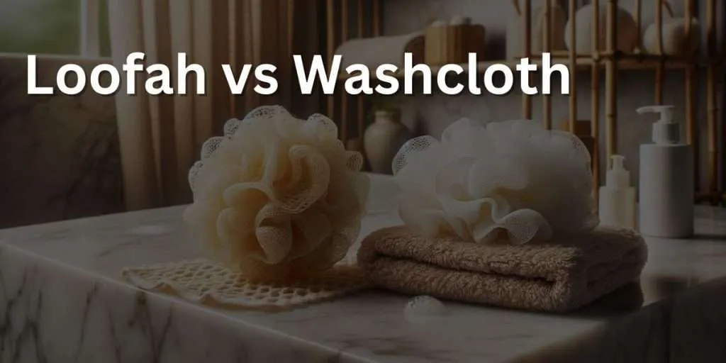 Wide-angle image contrasting a loofah and a washcloth side by side on a marble bathroom counter. On one side, there is a natural loofah sponge, and on the other, a soft terrycloth washcloth. Both are damp as if recently used, with a few soap bubbles on them. In the background, there is a neutral-toned shower curtain and a small bamboo shelf with various bath products, creating a serene and spa-like atmosphere.