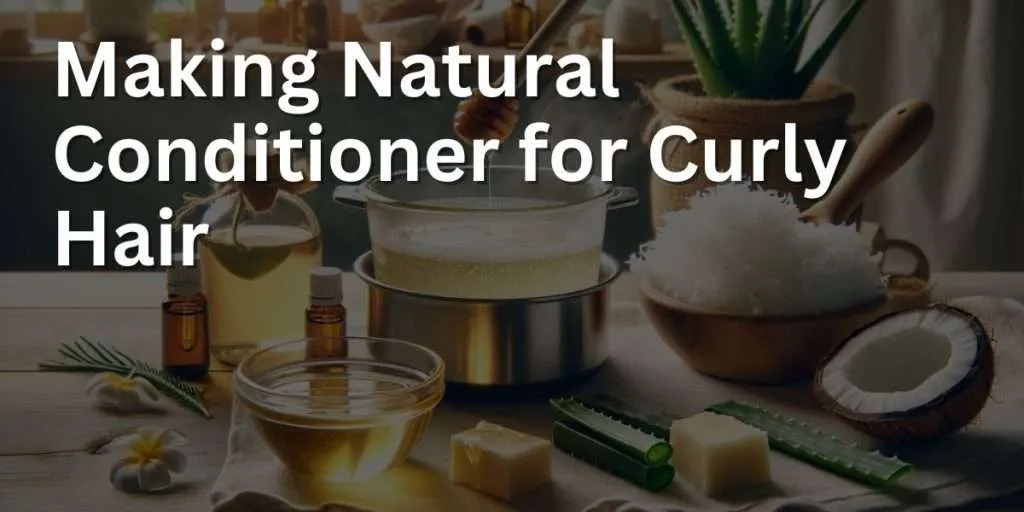 Image depicts a natural conditioner preparation process in a sunny kitchen setting with a wooden countertop. A glass double boiler warms shea butter and coconut oil, indicating the initial melting phase. Adjacent is a jar of aloe vera gel and a honey bottle with honey artistically dripping from a dipper. A small glass bowl shows the conditioner mix cooling and thickening, enhanced by essential oil drops from a nearby vial. The composition emphasizes organic ingredients, accompanied by curly hair care products and a lively green plant, all bathed in a warm, daylight-like glow, creating a wholesome and natural conditioning atmosphere for curly hair.