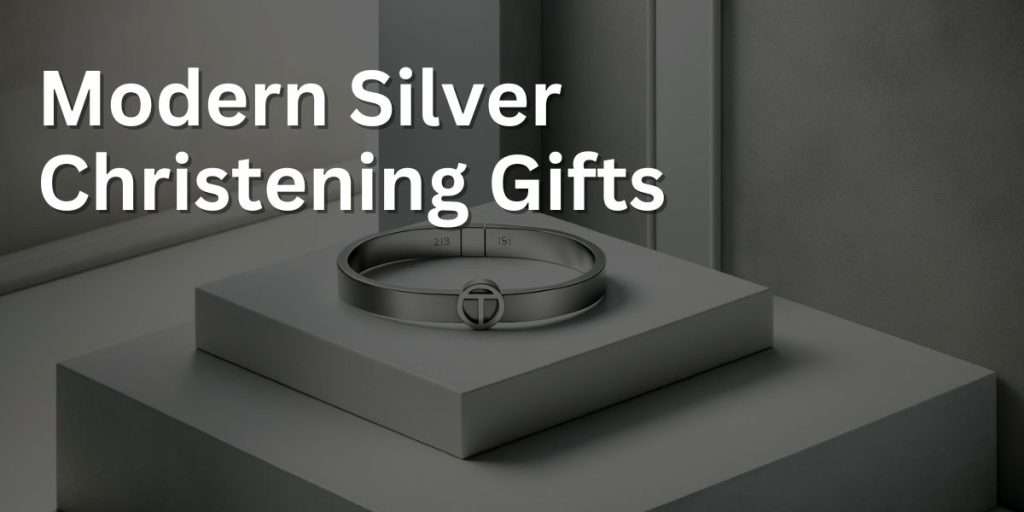 A modern display featuring a sleek silver baby bracelet with a contemporary design, set against a minimalist background. The setting highlights the bracelet's elegance and simplicity, embodying modern luxury, suitable for a contemporary christening gift.