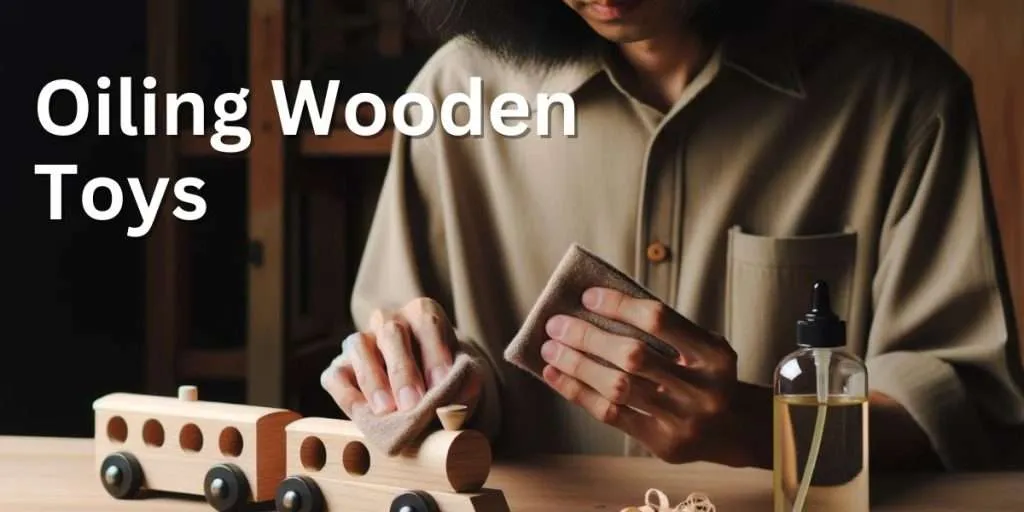 Photo of a person with medium skin and shoulder-length straight black hair, using a small lint-free cloth to apply natural oil to a wooden toy train. The work is being done on a well-lit wooden workbench, with a bottle of clear wood conditioning oil in view suggesting a maintenance or restoration process.