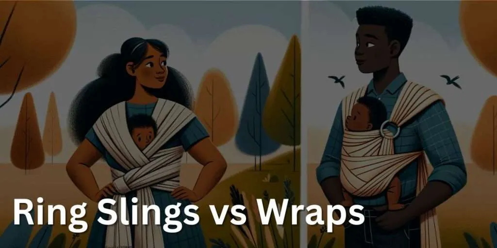 A comparison image showing woven wraps versus ring slings for baby carrying. On the left, a Hispanic woman in a home setting is using a long, versatile woven wrap. On the right, an African man in a park is using a simpler, quick-to-adjust ring sling. The image highlights the distinct features and practicalities of each baby carrier.