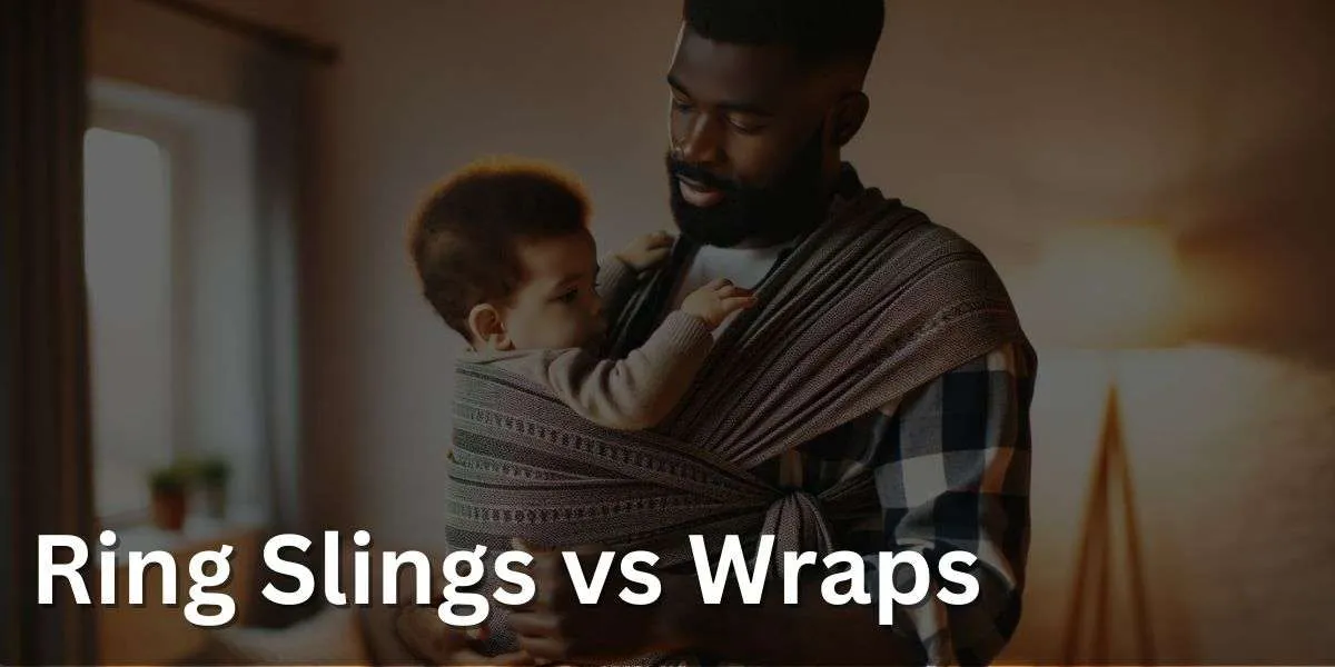 middle-aged Black man with a beard, using a geometric-patterned woven wrap to carry a toddler. They are in a cozy home setting with soft lighting, capturing a moment of closeness and security. The toddler is playfully interacting with the parent.